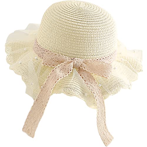XYIYI Kid Girls White Summer Straw Hat Sun Protection Visor Hats Foldable Wide Brim Bowknot Tulle Beach Cap for 2-8 Years Old