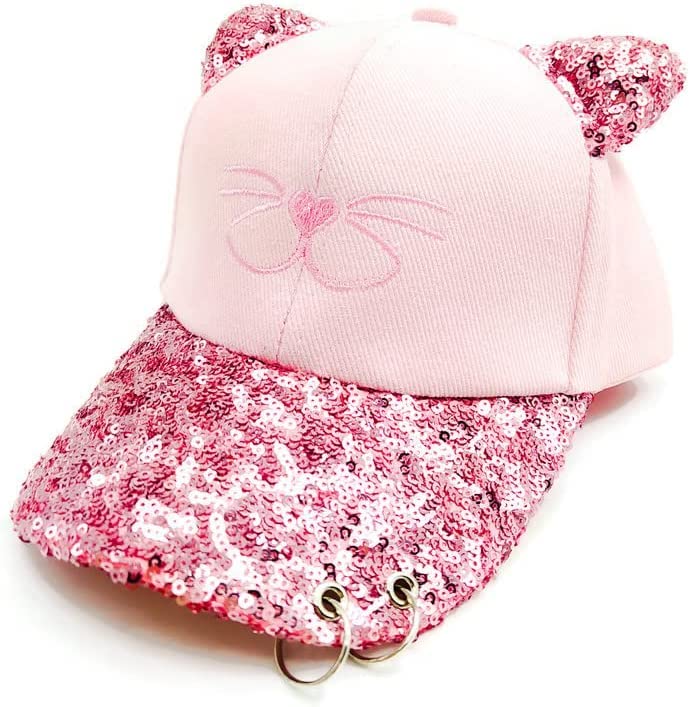 Fam and Pal I F&P Kids I Girls Baseball Summer Cap I Two adjustable Sizes I Kids Sunshade Hat I Pink Sequins I Kitty Face I Metal Rings I Brand Quality I 4-9 Years (52-55 cm) & 10-14 Years (55-58 cm).