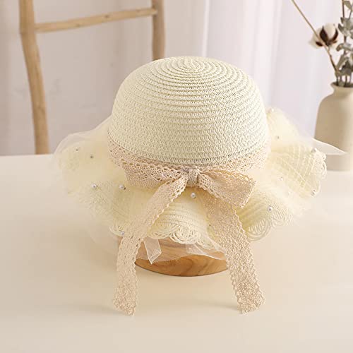 XYIYI Kid Girls White Summer Straw Hat Sun Protection Visor Hats Foldable Wide Brim Bowknot Tulle Beach Cap for 2-8 Years Old