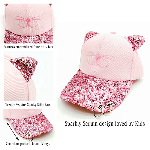 Fam and Pal I F&P Kids I Girls Baseball Summer Cap I Two adjustable Sizes I Kids Sunshade Hat I Pink Sequins I Kitty Face I Metal Rings I Brand Quality I 4-9 Years (52-55 cm) & 10-14 Years (55-58 cm).