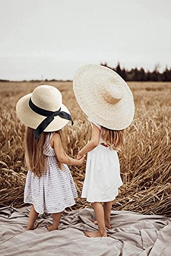 Girls Floppy Straw Hat Sun Hat for Teens Summer Wide-Brim Beach-Cap UPF50+ (20.47" for 2-5T,21.26" for 5-9T), Little-girls Beige, 5-10 Years