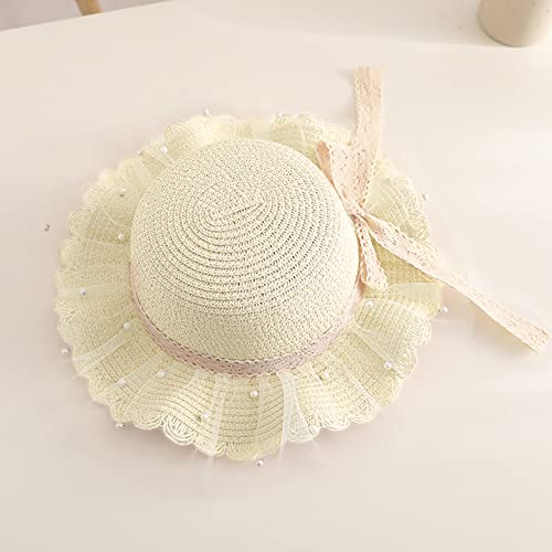 XYIYI Kid Girls White Summer Straw Hat Sun Protection Visor Hats Foldable Wide Brim Bowknot Tulle Beach Cap for 2-8 Years Old