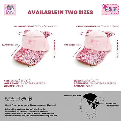 Fam and Pal I F&P Kids I Girls Baseball Summer Cap I Two adjustable Sizes I Kids Sunshade Hat I Pink Sequins I Kitty Face I Metal Rings I Brand Quality I 4-9 Years (52-55 cm) & 10-14 Years (55-58 cm).