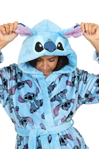 Womens Lilo and Stitch Stitch Blue Fleece Dressing Gown Fleece Hooded Ladies Robe (16-18)