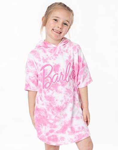 Barbie Girls Towel Poncho | Pink Tie Dye Wearable Bath Towel For Kids | Classic Logo Graphic Hooded Changing Robe | Short Sleeve Cosy Swimwear Beach Cover Up Merchandise Gift for Children