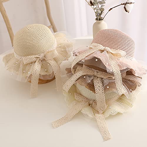 XYIYI Kid Girls White Summer Straw Hat Sun Protection Visor Hats Foldable Wide Brim Bowknot Tulle Beach Cap for 2-8 Years Old