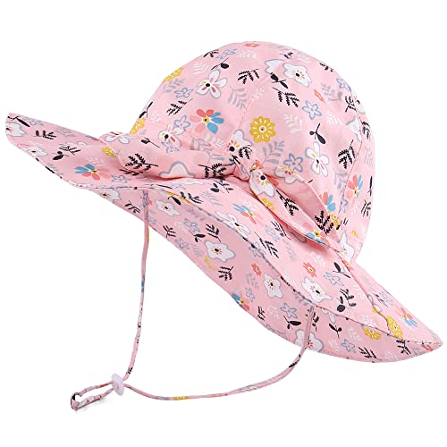LACOFIA Baby Girls Sun Hat UPF 50+ UV Protection Toddler Cotton Beach Hat Infant Wide Brim Summer Visor Cap with Adjustable Chin Strap Pink Flowers 2-5 Years