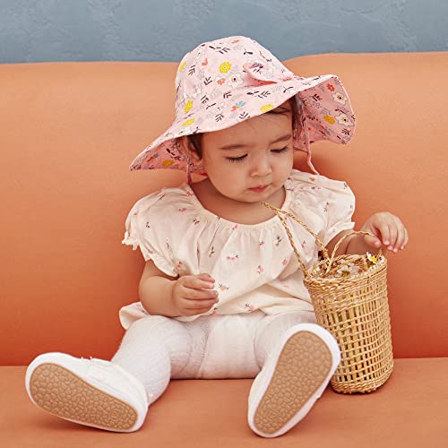 LACOFIA Baby Girls Sun Hat UPF 50+ UV Protection Toddler Cotton Beach Hat Infant Wide Brim Summer Visor Cap with Adjustable Chin Strap Pink Flowers 2-5 Years