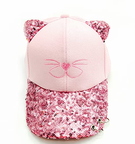 Fam and Pal I F&P Kids I Girls Baseball Summer Cap I Two adjustable Sizes I Kids Sunshade Hat I Pink Sequins I Kitty Face I Metal Rings I Brand Quality I 4-9 Years (52-55 cm) & 10-14 Years (55-58 cm).