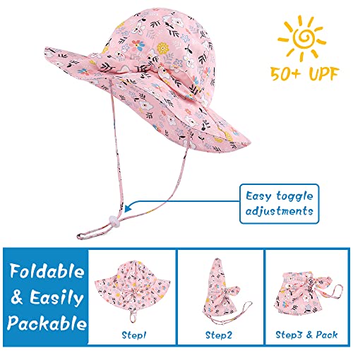 LACOFIA Baby Girls Sun Hat UPF 50+ UV Protection Toddler Cotton Beach Hat Infant Wide Brim Summer Visor Cap with Adjustable Chin Strap Pink Flowers 2-5 Years