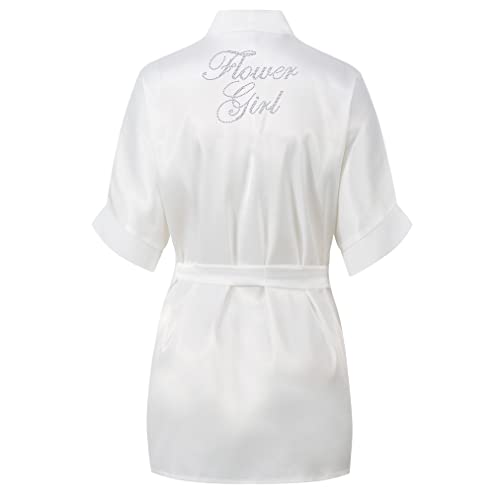 Varsany girls Flower Girl dressing gown kimono wedding party bridal shower robe gift bathrobe (7-8 Years, Ivory)