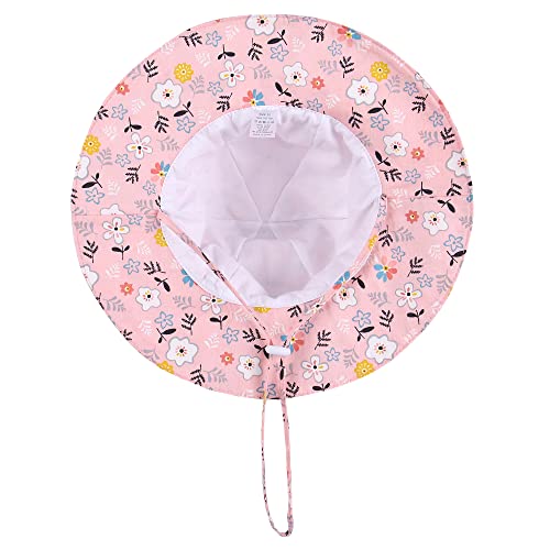 LACOFIA Baby Girls Sun Hat UPF 50+ UV Protection Toddler Cotton Beach Hat Infant Wide Brim Summer Visor Cap with Adjustable Chin Strap Pink Flowers 2-5 Years