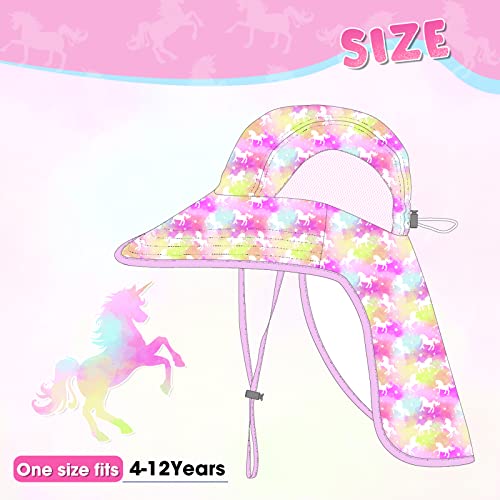 WAWSAM Girls Unicorn Sun Hat Adjustable Kids Rainbow Bucket Hats Toddler Unicorn Sun Protection Hat Baby Girls Wide Brim Neck Protection Summer Hat Beach Hat Ages 4-12