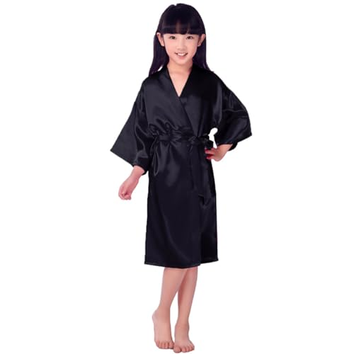 CuteOn Girls Robe Kimono Satin Silk Girl Bathrobe Dressing Gown Black Size 11-14Years - (Height 145-160cm)