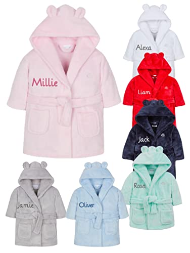 Gembroidery Personalised Baby Bathrobe Hooded Fleece Dressing Gown Super Soft Gifts Bath Robe For Boys Girls Cute Teddy Ears (0-6 Pink)