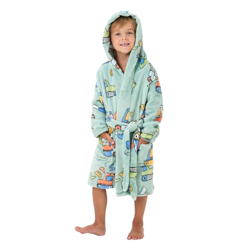 YLLSOPHAN Boys Girls Printed Pattern Digger Hooded Dressing Gown Sleeping Wear Bathrobe Robe Attached Belt Soft Fleece Extra Thickness (UK, Age, 2 Years, 3 Years, Regular, Digger)