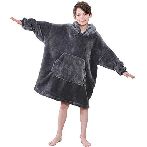 Blanket Hoodie for Kids Oversized Sherpa Pullover Wearable Hoodie Sweatshirt Blanket with Big Pocket Ultra Soft Warm Cosy Fleece Dressing Gown One Size Fit All Girls, Boys, Friends, Children | Unisex