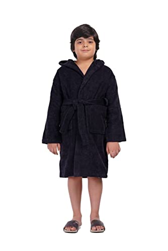 ALLEN & MATE Children 100% Cotton Hooded Bathrobe for Kids Boys Girls Soft Terry Towel Dressing Gown 2-9 Years with Head Towel (NAVY BLUE, 4_years)