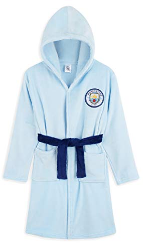 Manchester City F.C. Boys Hooded Robe, Fleece Bathrobe with 2 Pockets - Boys Gifts (13-14 Years, Light Blue)