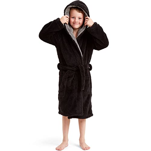 Snuggaroo Kids Boys Soft Fleece Hooded Dressing Gown - Black/Grey 9-10 Yrs