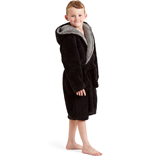 Snuggaroo Kids Boys Soft Fleece Hooded Dressing Gown - Black/Grey 9-10 Yrs