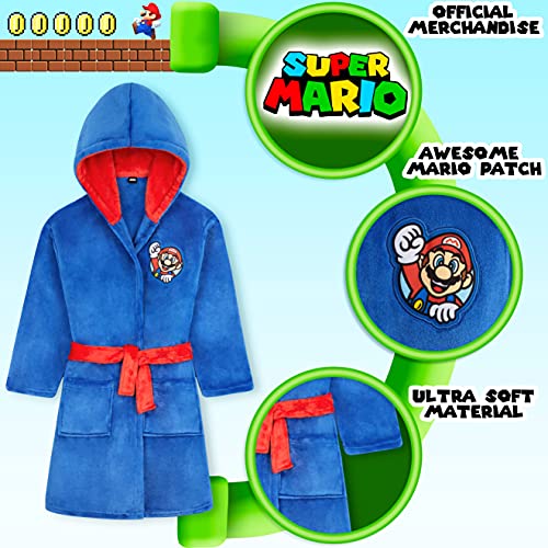 Super Mario Boys Dressing Gown, Kids Fleece Hooded Dressing Gown 4-14 Years (Blue, 11-12 Years)