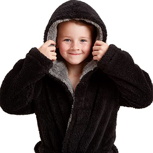 Snuggaroo Kids Boys Soft Fleece Hooded Dressing Gown - Black/Grey 9-10 Yrs