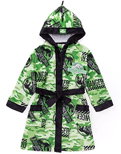 Jurassic World Dressing Gown For Boys | Kids Camo Tyrannosaurus Rex Green Pocket Bathrobe | Children’s Soft Fluffy Pjs Robe 6-7 Years