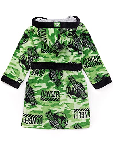 Jurassic World Dressing Gown For Boys | Kids Camo Tyrannosaurus Rex Green Pocket Bathrobe | Children’s Soft Fluffy Pjs Robe 6-7 Years