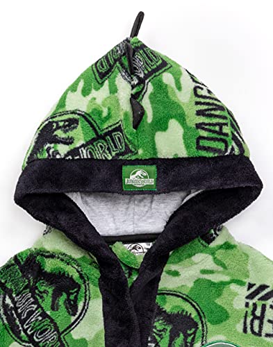 Jurassic World Dressing Gown For Boys | Kids Camo Tyrannosaurus Rex Green Pocket Bathrobe | Children’s Soft Fluffy Pjs Robe 6-7 Years