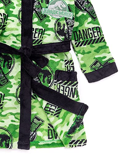 Jurassic World Dressing Gown For Boys | Kids Camo Tyrannosaurus Rex Green Pocket Bathrobe | Children’s Soft Fluffy Pjs Robe 6-7 Years