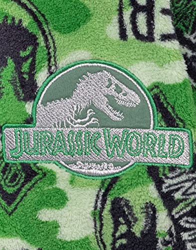 Jurassic World Dressing Gown For Boys | Kids Camo Tyrannosaurus Rex Green Pocket Bathrobe | Children’s Soft Fluffy Pjs Robe 6-7 Years