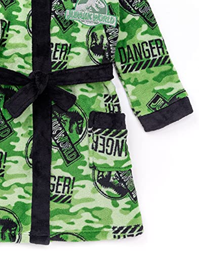 Jurassic World Dressing Gown For Boys | Kids Camo Tyrannosaurus Rex Green Pocket Bathrobe | Children’s Soft Fluffy Pjs Robe 6-7 Years