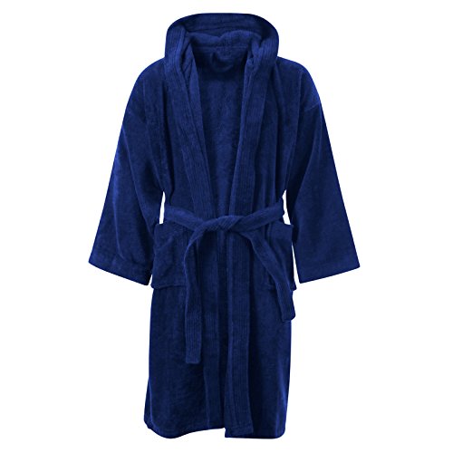 Kids Bathrobe Boys Girls 100% Egyptian Cotton Luxury Velour Towelling Hooded Children Dressing Gown Soft Fine Comfortable Nightwear Terry Towel Bath Robe Lounge Wear Housecoat(Navy Blue,12-14Years)