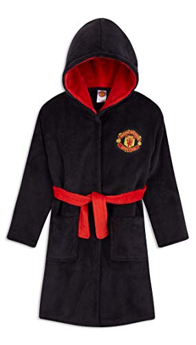 Manchester United F.C. Boys Dressing Gown, Football Kids Fleece Hooded Robe Age 3-14 (Black/Red, 13-14 Years)