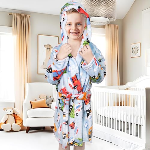 FILOWA Dressing Gown Boys Kids Bathrobe Fluffy Hooded Robe Flannel Sleepwear Fleece Supersoft Warm Pajamas Cartoon Shower Robe Nightgown Housecoat for Toddler Children 2-3 Years