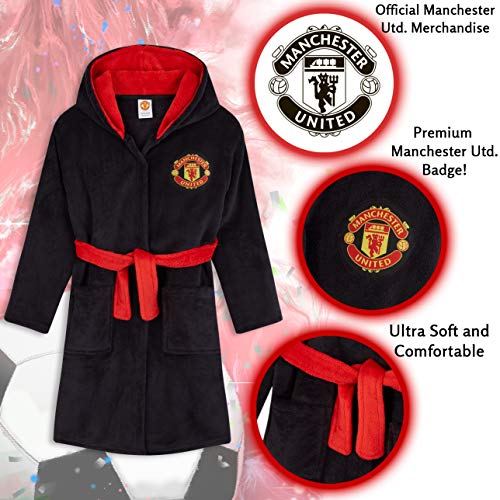 Manchester United F.C. Boys Dressing Gown, Football Kids Fleece Hooded Robe Age 3-14 (Black/Red, 13-14 Years)