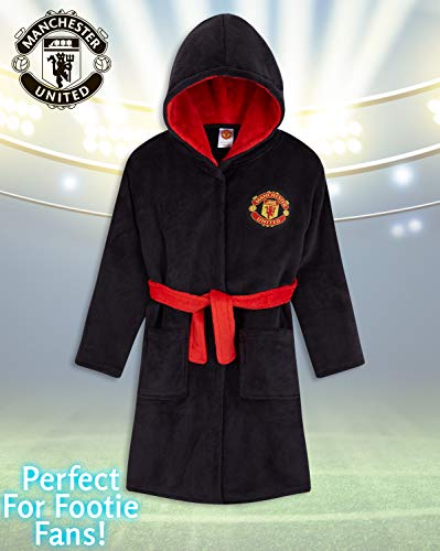 Manchester United F.C. Boys Dressing Gown, Football Kids Fleece Hooded Robe Age 3-14 (Black/Red, 13-14 Years)