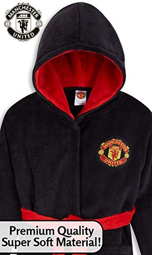 Manchester United F.C. Boys Dressing Gown, Football Kids Fleece Hooded Robe Age 3-14 (Black/Red, 13-14 Years)