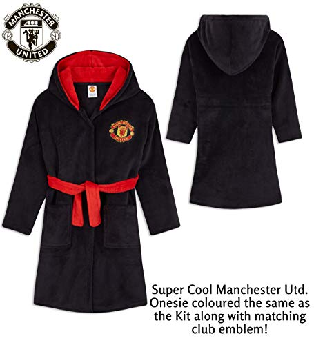 Manchester United F.C. Boys Dressing Gown, Football Kids Fleece Hooded Robe Age 3-14 (Black/Red, 13-14 Years)