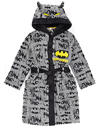 DC Comics Batman Dressing Gown For Boys & Girls | Kids Grey Dark Knight Movie Pocket Bathrobe | Children’s Soft Fluffy Pjs Robe 9-10 Years