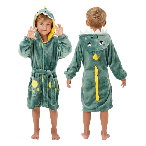 YLLSOPHAN Boys Girls Animal Pattern Cow Dinosaur Crocodile Frog Koala Hooded Dressing Gown Nightwear Bathrobe Robe Extra Thickness Fleece (as8, age, 5_years, 6_years, regular, New Dinosaur)