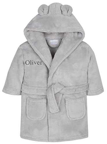 Kids Essentials Girls Boys Personalised Fleece Dressing Gown Bear Ear Bathrobe (2_years, 3_years, regular, Grey)