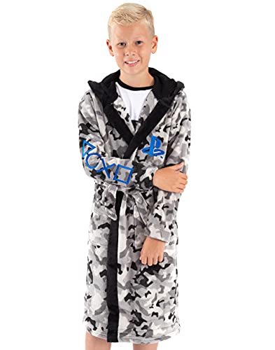 PlayStation Dressing Gown For Boys & Girls | Kids Camo Monochrome Game Controller Pocket Bathrobe | Childrens Soft Fluffy Nightwear Robe 13-14 Years