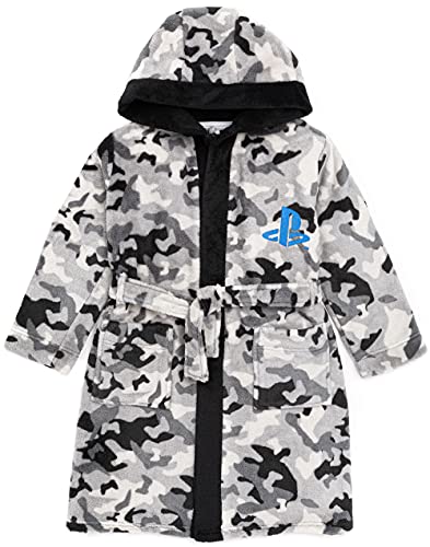 PlayStation Dressing Gown For Boys & Girls | Kids Camo Monochrome Game Controller Pocket Bathrobe | Childrens Soft Fluffy Nightwear Robe 13-14 Years