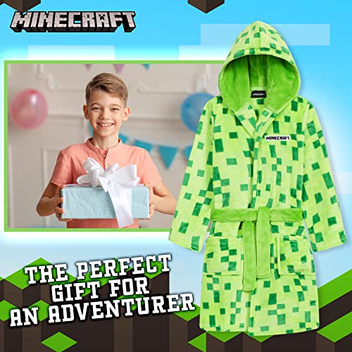 Minecraft Dressing Gown for Boys, Fluffy Fleece Bathrobe Kids Teens (Green, 7-8 Years)
