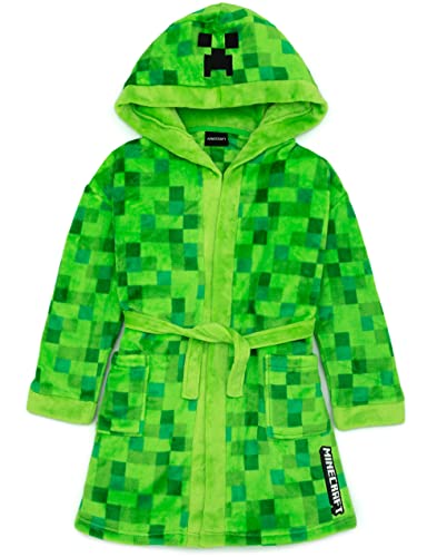 Minecraft Creeper Dressing Gown For Boys & Girls | Kids Green Soft Pixelated Bathrobe With Creeper Face Hood | Teens & Children’s Nightwear Robe | Gamer Gifts