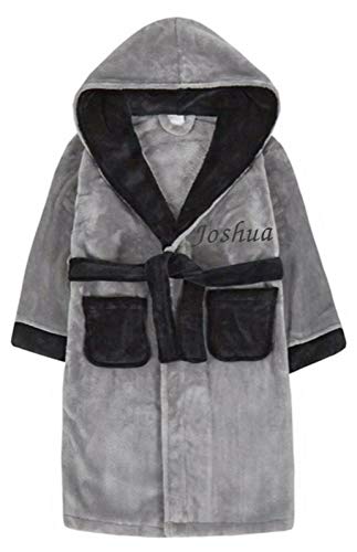 Minikidz Boys Personalised Dressing Gown Bathrobe Hooded Blue Grey Dinosaur Various (Grey - Black Trim, 9-10 Years)
