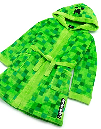 Minecraft Creeper Dressing Gown For Boys & Girls | Kids Green Soft Pixelated Bathrobe With Creeper Face Hood | Teens & Children’s Nightwear Robe | Gamer Gifts