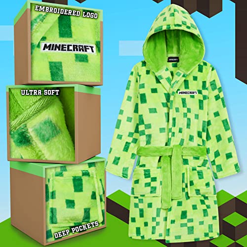 Minecraft Dressing Gown for Boys, Fluffy Fleece Bathrobe Kids Teens (Green, 7-8 Years)
